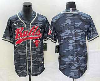 Mens Chicago Bulls Blank Black Camo With Patch Cool Base Stitched Baseball Jersey